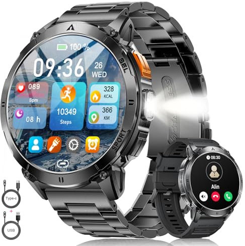 LIGE Militaire Montre Connectée Homme avec 1.62'' AMOLED Écran/LED Lampe/730mAh Batterie,Smartwatch Homme avec 100+ Modes Sportifs,24/7 Moniteur de Fréquence Cardiaque et Sommeil pour Android iOS