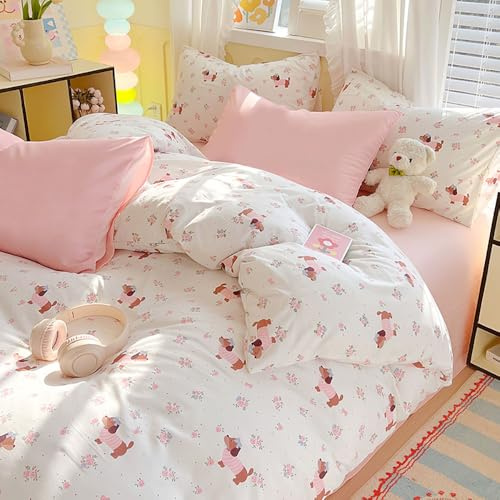 Covebett Dackel Bettwäsche 135x200 Weiß Rosa Blumen mit 1 Kissenbezug 80x80 | Bettbezug Set, 2teilig, Dackelmotiv, Dachshund, Blümchen, Pflanzen, Mädchen, Mikrofaser, Bettwäsche-Sets, Reißverschluss
