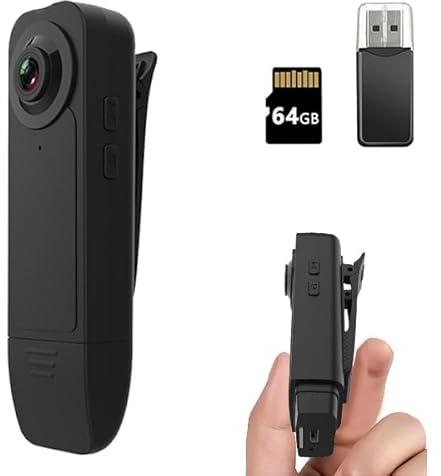 Body Cam, 1080P Mini Körperkamera mit 64 GB Speicherkarte, Mini Action Cam, Tragbare Kleine Kamera, Polizei-Camcorder Audio Video Aufzeichnung für Sicherheitspersonal, Wachdienst Arbeitsaufzeichnung