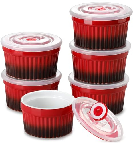 vancasso RAMEKINS 260ml Soufflé Förmchen Set von 6, Ø9,5cm Creme Brulee Schälchen Backofen sicher, Porzellan Soufflés mit Deckel, Kleine Keramik-Schalen, Mini Auflaufformen zum Backen, Rot