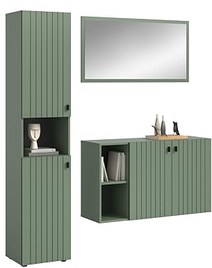 xonox.home – 3-TLG. Garderobenkombination Station 161x192x37 cm in Smoke Green – Modernes Garderoben-Set mit Garderobenschrank, Schuhkommode und Garderobenspiegel
