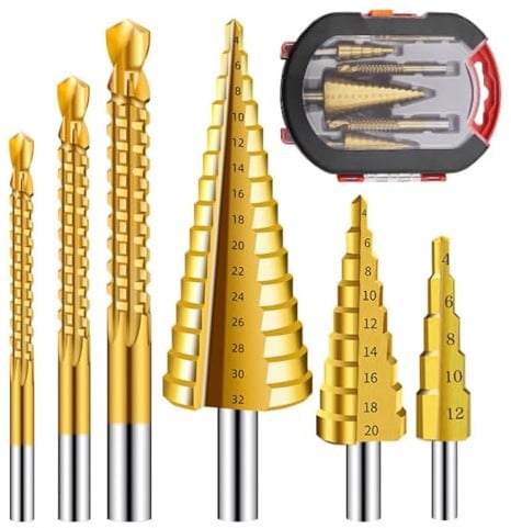 Juego de 6 brocas HSS con carcasa revestida de titanio, incluye 3 tamaños de brocas paso a paso y 3 tamaños de taladros giratorios para trabajar metal, carpintería, taladros
