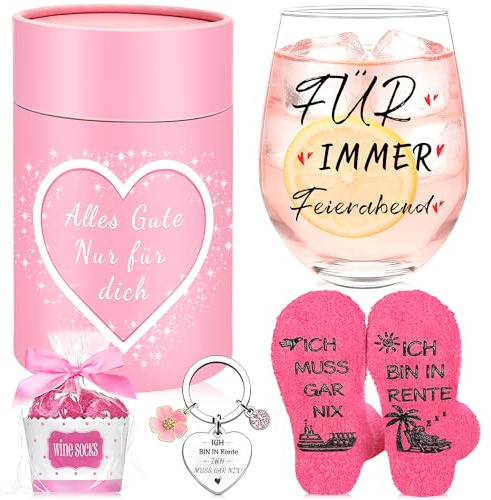 Renteneintritt Geschenk Frau, Dankeschön zum Ruhestand, Ruhestandspräsent | Lustiges Rentner Geschenk mit Tasse, Socken & Schlüsselanhänger – Rentner Abschiedsgeschenk Kollegin