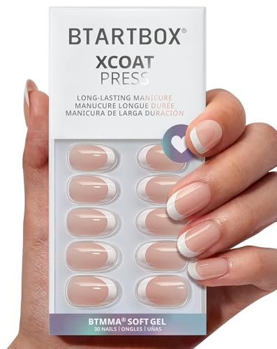 BTArtbox Press On Nails, Chic Twins, Short Oval, French Tip, 30Ct | Lamp-Curable 4-Week Wear, Salon-Quality Natural Nails, 10-Minute Easy Daily Application, 15 Sizes, All-in-One Complete Kit