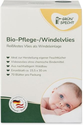 GRÜNSPECHT Bio-Pflege-/Windelvlies, Einlage für Stoffwindeln, 100% biologisch abbaubar, weich, reißfest & saugstark, Spendersystem für Wickeltisch, 70 Blätter (699-00) (Packung mit 5)