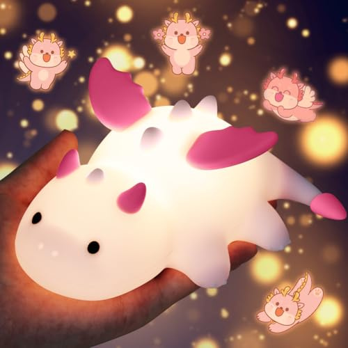 AUAUY Drachen Nachtlicht, Silikon, USB, 7 Farben, Timer, Magnetisch, Rosa | 1200mAh Nachtlicht, 3 Farbtemperaturen, Magnetisch Nachtlampe, Touch, für Kinderzimmer Deko, Schreibtisch Deko, Geschenk
