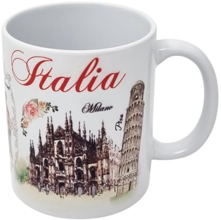 CUCUBA Ceramic Mug Italy Artistic Design Major Cities and Italian Monuments Milan Rome Venice Verona Pisa for Breakfast Snacks 36 cl