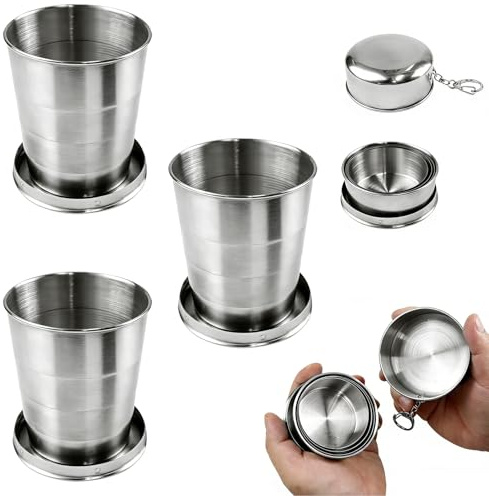 DRADERCH 3 bicchieri pieghevoli in acciaio inox 304 con portachiavi da 250 ml, per sport all'aria aperta, campeggio, escursionismo, arrampicata, pesca, picnic e viaggi