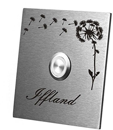polar-effekt Personalisierte Türklingel aus Edelstahl V2a - 9x9 cm Klingelschild mit Gravur - Klingelknopf Weiss - Klingelplatte Geschenk zum Einzug [mit Edelstahlklammer] Motiv: Pusteblume