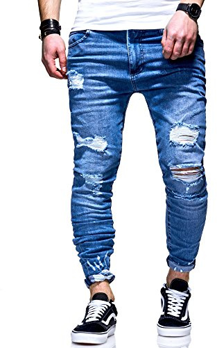 Rello & Reese Herren Destroyed Jeans Hose JN-3667 [Blau, W30/L32]