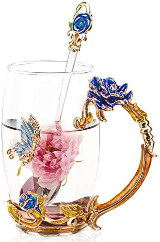 SudaTek Enamel Clear Glass Coffee Mug Tea Water Cup with Spoon Handmade Butterfly Rose Gift Set (Blue Rose Tall)