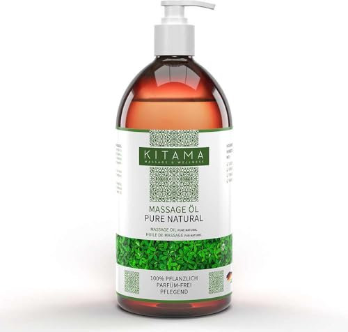 Kitama Massageöl Pure Natural - 100% natürlich mit Jojobaöl Aprikosenkernöl Traubenkernöl Mandelöl - parfüm-frei duftneutral, Pflegeöl - Körper-Öl - Massage Öl neutral 1-Liter