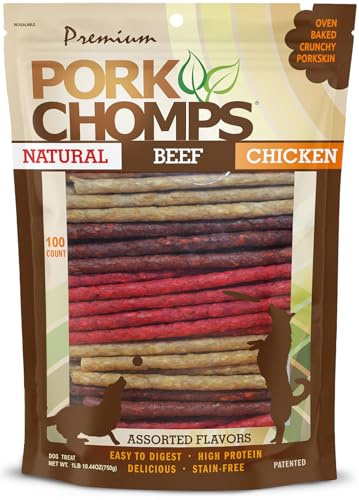 Pork Chomps Dog Chews, 5 Inch Munchy Sticks, 100 Count - Assorted Flavors: Roasted Pork, Chicken, & Bacon - Long-Lasting Treats for Dogs - High Protein, Low Fat, Healthy & Delicious Chews (1 Pack)