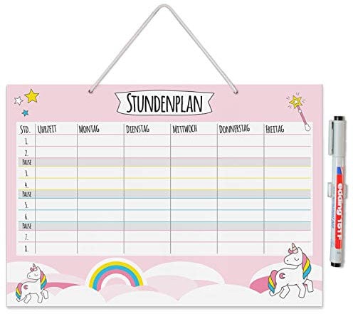Einhorn-Stundenplan zum Aufhängen in DIN A4 I abwischbar I rosa I mit Aufhängung, Stifthalter und Stift I zum Schulanfang I für Mädchen I dv890