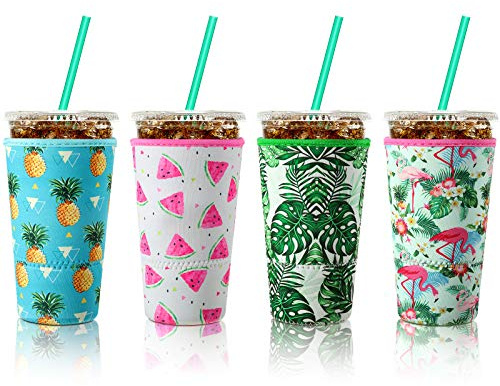 4 Pieces Reusable Coffee Sleeve Cup Insulator for Cold Drinks Beverages and Neoprene Holder for Most Coffee, Hawaiian Style, Fits 30-32 oz Large Cups