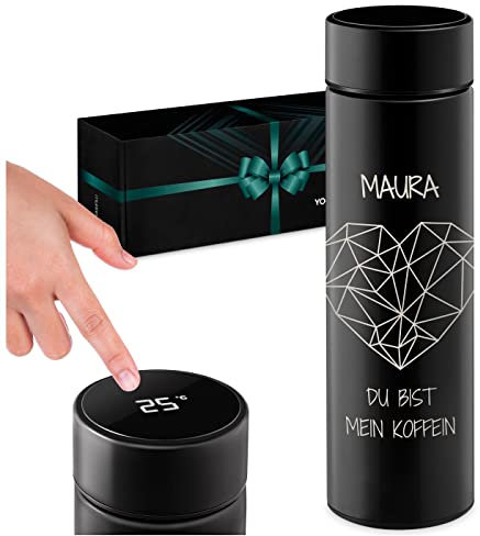 Maverton Thermobecher Kaffeebecher 450 ml - Isolierbecher personalisiert - 100% dicht - Led Temperatur Anzeige - aus Edelstahl - Geschenk für Frauen - schwarz - Koffein