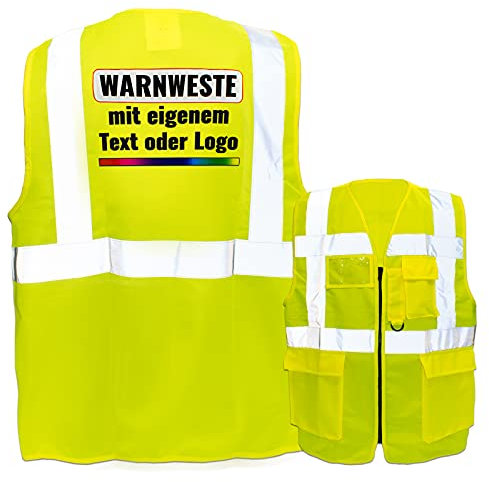 Warnweste mit Reißverschluss und Taschen * Druck auf Rücken/Premium-Druck * Farbe & Größe: Gelb/Größe 5XL * Aufdruck selbst gestalten * Bedruckt mit Design Foto Text Logo