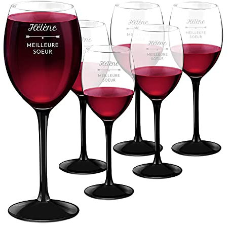 Maverton 330ml Verres personnalisés - Cadeau d’anniversaire pour femmes - Ensemble de 6 verres à vin avec jambe noire - Verres à vin classiques pour elle - Sœur