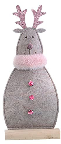 ETC weihnachtliches witziges putziges Deko-Rentier Deko-Hirsch als Silhouette aus braun beigem Filz mit rosa Plüschkragen und pinken Strasssteinen
