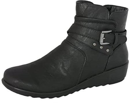 Cushion Walk EEE Wide Fitting Women's Black Low Wedge Ankle Boots with Zip Fastening & Buckle and Stud Detail - Non-Slip Sole (6 UK, Black X-wide)