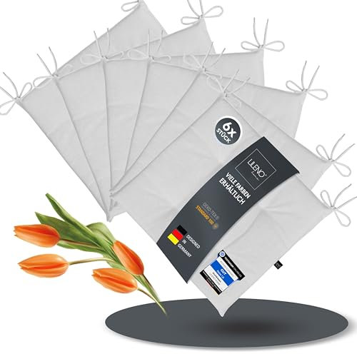 LILENO HOME 6er Set Stuhlkissen Weiß (40x40x4,5 cm) - Sitzkissen für Gartenstuhl, Küche oder Esszimmerstuhl - UV-beständige Indoor u. Outdoor Stuhlauflage als Stuhl Kissen (Laura FUM)