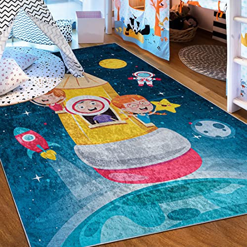 Mazovia Kinderzimmerteppich Antirutsch - Waschbar bis 30 Grad - Planeten Weltraum - Kurzflor Kinderteppich Teppich für Kinderzimmer - ÖKO-TEX Zertifiziert - Teppiche Junge Bunt Blau 120 x 170 cm