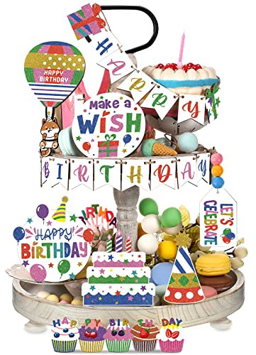 11 Pcs Birthday Tiered Tray Decor Farmhouse Tiered Tray Decor for Birthday Decor Colorful Birthday Party Supplies Wooden Happy Bday Table Decorations (Cake Style)