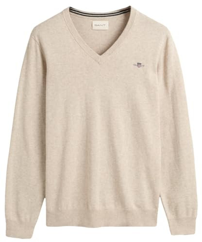 GANT Herren Classic Cotton V-Neck Pullover, Light Beige Melange, S