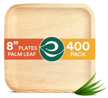 ECO SOUL 100% Compostable 8 Inch Square Palm Leaf Plates [400-Pack] I Premium Disposable Plates Set I Heavy Duty Eco-Friendly Bamboo Plates Disposable I Square Disposable Plates