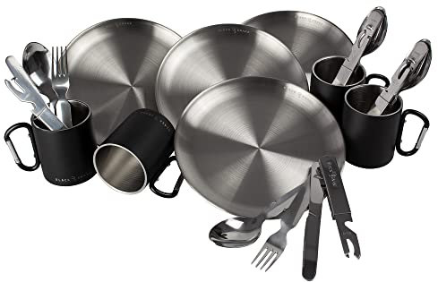 Black Snake® Flacher Camping Picknick Teller mit Besteck Plus Karabiner Haken Tasse aus Edelstahl - 4 Personen - Set