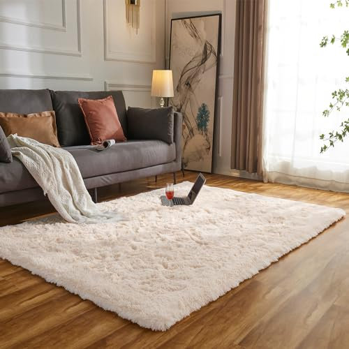 Evitany Teppich Modern Design Rechteck Hochflor Shaggy Teppich für Wohnzimmer Langflor Flauschiger Rutschfester Schlafzimmerteppiche (90 x 160 cm, Beige)