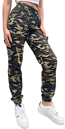 Nuofengkudu Ado Femme Camouflage Pantalon Survetement Cheville Cargo Poche Elastique Taille Haute Jogging Bas Survetement à Cordon de Serrage Sarouel Sport Fitness Vert S