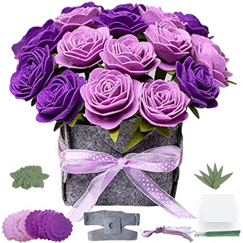 BAZIMA DIY Felt Flower Art Craft Kit, DIY Purple Rose Pot Bonsai Kit, Floral Gifts,Beginner Craft Kit,Arrange Pre-Cut Felt Flowers and Foliage