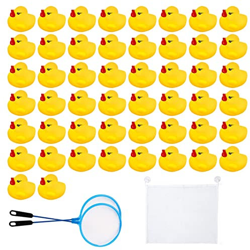 AYNKH 50 Stück Enten aus Gummi mit Aufbewahrungstasche aus Netz, schwimmend und quietschend, Mini-Ente, Gelb, Baby, Dusche, Spielzeug, Party, Dekoration, Angelspiel für alle – kleine Jungen und