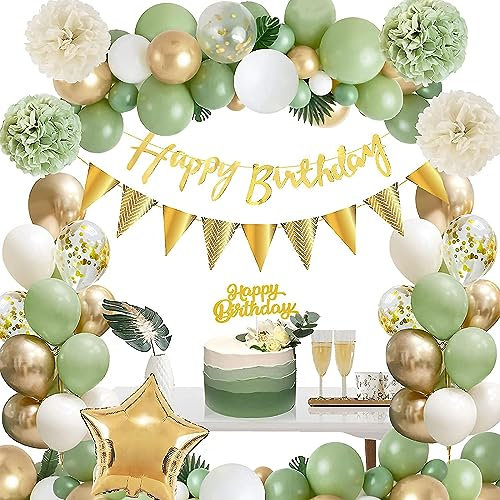 Grün und Gold Party Dekorationen 62 Stück Grüner Bogen Girlande Kit Metall und Pailletten Papier Pom Poms Blumen Pastell Alles Gute zum Geburtstag Banner Grüne Party Zubehör