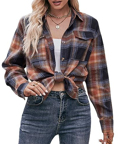 seiveini Chemise à Carreaux Femme Manches Longues Blouse Chemisier Ecossaise en Flanelle Classique Automne Printemps A Kaki L