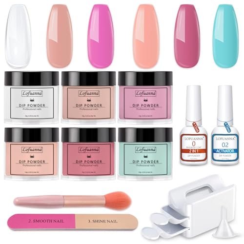 Lofuanna Dip Powder Nail Kit - 6 Colors Dip Manicure Kits - Dipping Powder Liquid Set with 2 in 1 Base Top Coat Activator Nail Brush Recycling Tray System,Fast Dry No Nail Lamp Needed