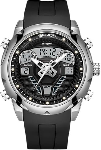 rorios Digital Analog Quarz Uhren für Herren 50M wasserdichte Armbanduhr Männer Stoppuhr Multifunktional Silikon Uhr Casual Herrenuhren Militär Elektronische Uhr Silber B