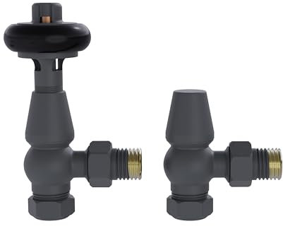 NRG Traditional Antique Angled Central Heating Radiator Valve 15mm Thermostatic + Lockshield Valve Anthracite with Black Hand Wheel