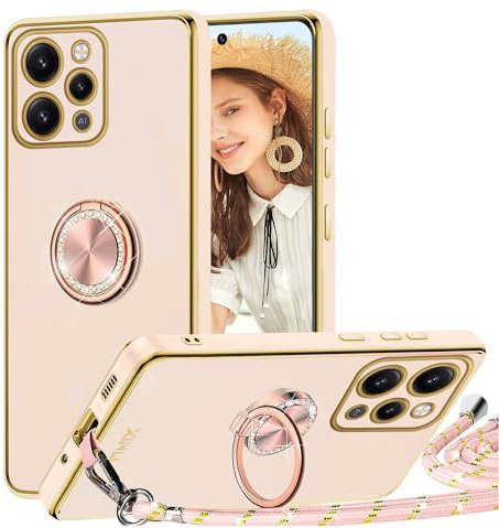 TVVTPU Handyband für Xiaomi Redmi 12 4G Hülle mit Band, Handyhülle mit Ring Ständer Stoßfeste Kratzfest TPU Bumper Outdoor Schutzhülle Case mit Kordel zum Umhängen (Abnehmbar), Rosa