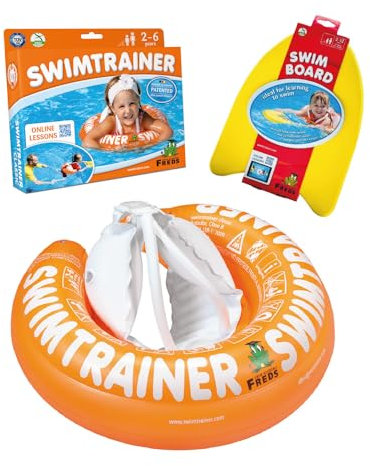 FREDS SWIM ACADEMY SWIMTRAINER Classic Orange + SWIMBOARD – Schwimmset für Kinder von 2 bis 6 Jahren, aufblasbare Schwimmhilfe & Schwimmbrett zur Wassergewöhnung und Schwimmförderung