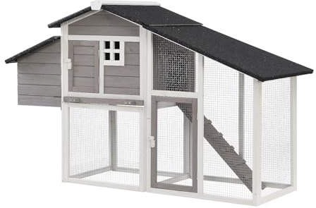Vente-unique - Poulailler en Bois avec enclos - 4 Poules - L. 173 x P. 64 x H. 108 cm - Blanc et Gris - LEVAS