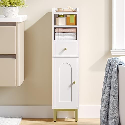 Hzuaneri Meuble de Salle de Bain, Meuble de Rangement avec Tiroirs et Portes, Organisateur de Rangement, Armoire Étroit pour Papier Toilette, Armoire d’Angle avec Étagères Réglables, Blanc BC19803G