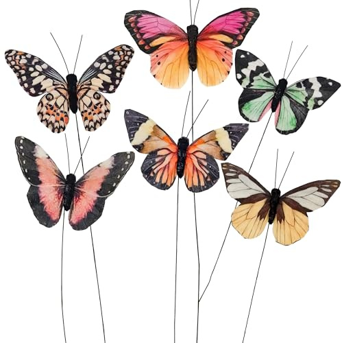 YCHTEWY Feder-Schmetterling zum Basteln, Dekoration, Set mit 12 Stück, mit Draht, 6 Farben, für Hochzeit, Zuhause, Blumentopf, Weihnachten, Party, Frühling, Heimdekoration, Blumenmuster, YCB63B