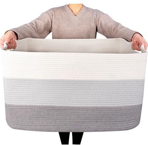 MINTWOOD Design Extra großer Deckenkorb, 56 cm, rechteckig, gewebter Aufbewahrungskorb mit Griffen für Wäsche, Pooltücher und Schuhe, Hundespielzeug, Organizer, 3-farbig, Hellgrau