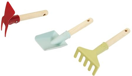 Theo Klein 7681 Attrezzi da giardino I Inclusi paletta a mano, rastrello e zappa doppia con manico corto in legno I Plastica riciclata I Anti-UV, Giocattoli per bambini dai 3 anni in su