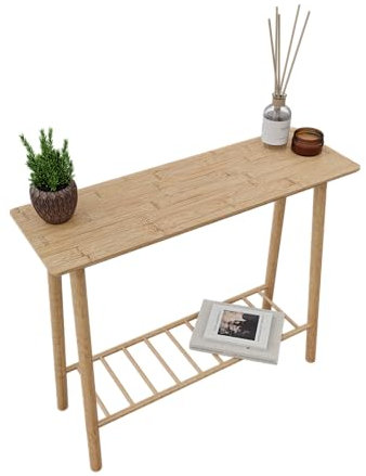 Gozos Feria Konsolentisch aus Massiv Bambus Holz, Schmal Konsolentisch mit den Ablageregale, Beistelltisch, Flurtisch, Ausstellungstisch, Sofatisch, für Eingang, Flur 90 x 30 x 76 cm