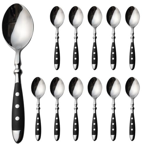 Alata Lot de 12 cuillères à café en acier inoxydable avec poignées noires, cuillères à expresso/petites cuillères/cuillères à dessert pour la maison et la salle à manger, idéal pour la maison, le