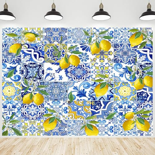 CRTPOD Blue Tiles Lemon Backdrop Summer Fruits Scene Background Newborn Photography Banner for Kids Baby Shower Birthday Party Cake Table Decorations Wallpaper Photo Studio Photobooth Props 7x5ft