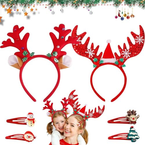 Haarreif Weihnachten, 2 Stück Glitzer Weihnachts Stirnbander, Rentier Geweih Kopfschmuck Haarband, Weihnachts Kopfschmuck, Weihnachtshaarreifen, Weihnachtsfeier Accessoire für Erwachsene Kinder